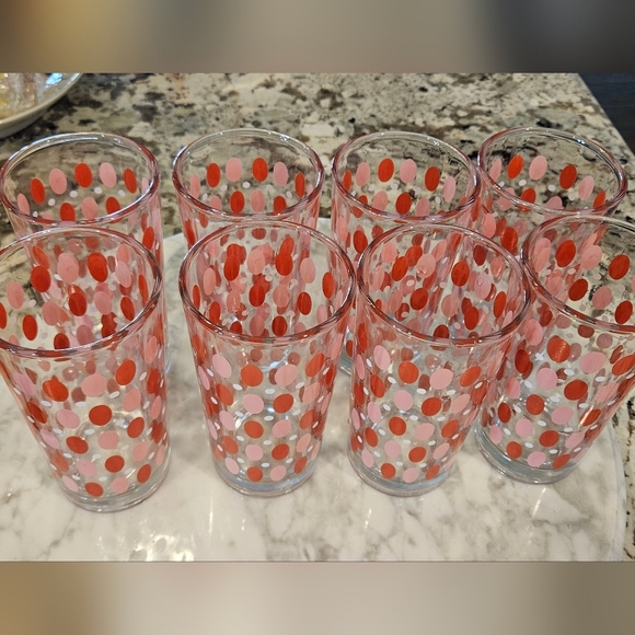 VINTAGE mid-century Indonesian FG polka dot glasses red and pink set of 8 - Picture 2 of 4